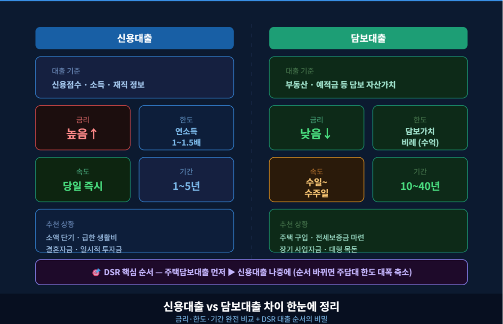 신용대출 vs 담보대출 차이 한눈에 정리 금리·한도·기간 완전 비교 + 주담대 먼저 받아야 하는 DSR 순서의 비밀