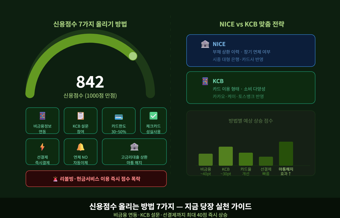 신용점수 올리는 방법 7가지  지금 당장 실천하면 최대 40점 오르는 꿀팁 (feat. 비금융 정보 연동·KCB 설문·선결제 전략)